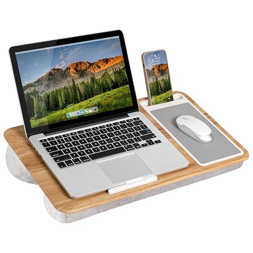 LAPGEAR Home Office Lap Desk – Oak Woodgrain, Fits 15.6” Laptops | Built-In Mouse Pad & Phone Slot, Integrated Device Ledge, Dual-Bolster Microbead Cushion, Carry Handle