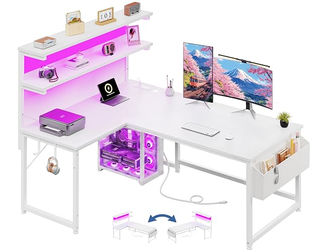 DurayLoly White L Shaped Desk with LED Light & 5 Power Outlet for Gaming | 41 Vivid Lighting Modes LED of Gaming Desk; Built-In Charging Hub (3 AC+2 USB) Charges 5 Devices to Tidy Gaming Station,White