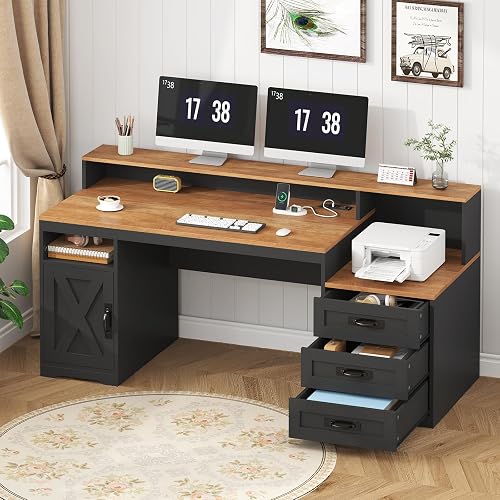 65" Farmhouse Computer Desk with Drawers and Printer Stand for Home Office | Office Desk with Power Outlets and Storage Cabinet, Study Writing Desks with Long Monitor Stand, Brown and Black