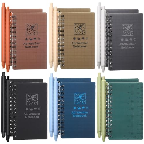 PerKoop 24 Pcs Waterproof Notebooks with Ballpoint Pens 3x5, Dark Color | All Weather Pocket Notepads Bulk, Spiral Memo Paper Notepad with Waterproof Grid Paper, for Outdoor School Office Recording