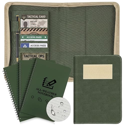 Resurhang 5 Pcs Waterproof Tactical Notebook with 96 Sheets 192 Pages Kit Zippered Tactical Notebook Cover with A5 Military Planner Papers and Pen for Outdoor, Combat, Army, Hiking (Green)