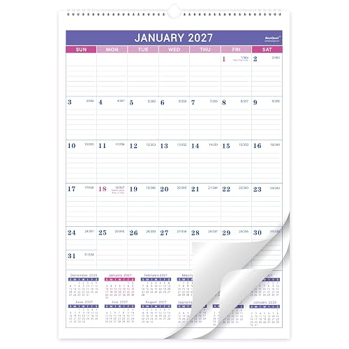 2027 Wall Calendar, Jan 2027 - Dec 2027, 12 Months Wall Calendar | Hanging Loop, 12 Month Overview, Ruled Block, Twin-Wire Binding, Thick Paper, for Hanging in Office Home, 12" x 17"