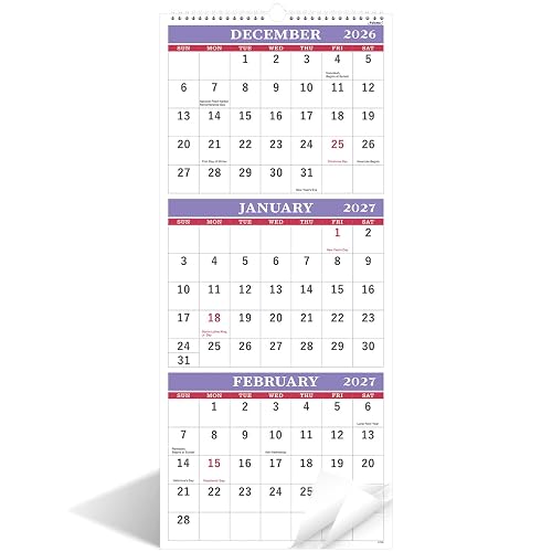2027 Wall Calendar - 3 Month Calendar Wall Calendars 2027, 11.25" x 26" | January 2027 - December 2027, 3 Month Calendar for Wall Display (Folded in a Month) - Purple