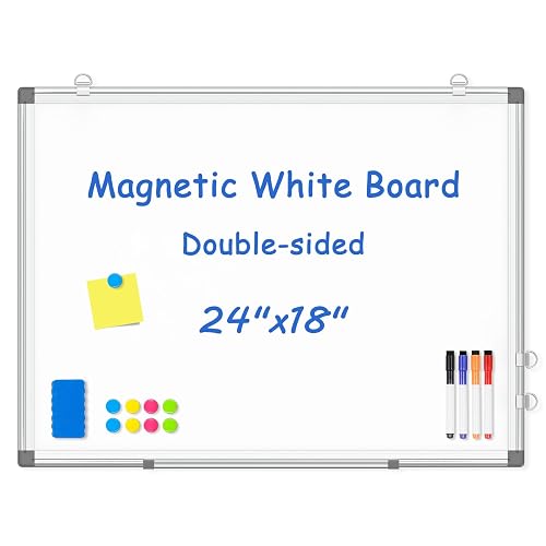 Double-Sided White Board Dry Erase Magnetic Whiteboard Wall 24x18 Silver | Smooth Write & Clean, Durable 11-Layer, Aluminum Frame, Easy Wall Mount & Hanging, Full Kit for Home, Office, School