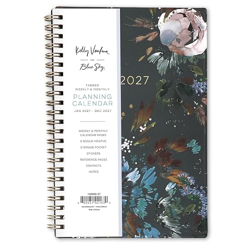 Blue Sky 2027 Weekly & Monthly Planner Calendar, 5"x8", Midnight Garden | January 2027 - December 2027, Flexible Cover, Durable Twin Wire Binding, Laminated Tabs, Pocket, Stickers, Kelly Ventura