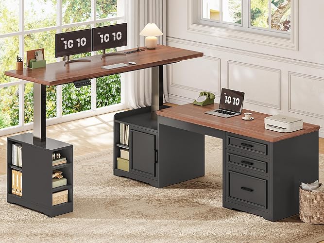 SEDETA Farmhouse L Shaped Electric Standing Desk, 63" x 67" Height Adjustable Office Executive Desk with Drawers and Shelves, Standing Computer Desks with Power Outlet for Home Office, Black+Brown