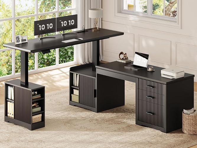 SEDETA Fluted L Shaped Electric Standing Desk, 63" x 67" Height Adjustable Home Office Executive Desk with Drawers and Shelves, Two Person Desk with Power Outlet for Home Office, Black