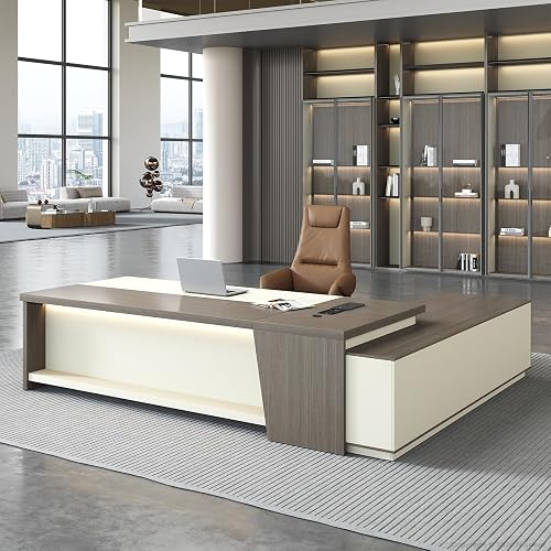 Nuipesn 79" Executive L-Shaped Desk, 2" Top, LED, Power, Left Return | Executive Workspace, 2-Inch Top, LED Lighting, Power and Locking Drawer