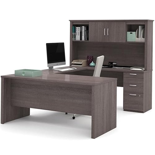 Atlin Designs Modern Wood U Shape Computer Desk with Hutch, Bark Gray Finish, 1" Scratch-Resistant Surface, File Drawer, 95.5 x 66 x 66.5 in Office Desk for Home or Professional Workspace