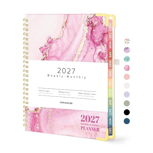 Forvencer 2027 Planner, Hardcover Calendar Planner Jan - Dec 2027, 6"x8" | Spiral Weekly & Monthly Planner, Daily Agenda Book with Tabs, Daily Journal Organizer for Office Home School, Pink Marble