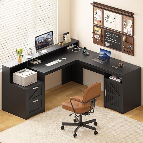 63" Farmhouse L Shaped Desk with Drawers & Printer Shelf for Home Office | Corner Computer Desk with Storage, Power Outlets, L Shaped Executive Desk with Monitor Stand, Printer Shelf, Black