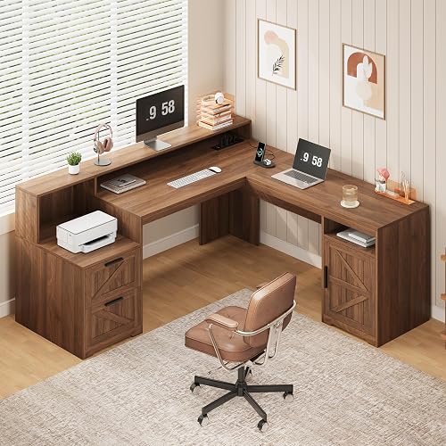 Farmhouse L Shaped Desk with Drawers & Printer Shelf for Home Office | Corner Computer Desk with Storage, Power Outlets, L Shaped Office Desk with Monitor Stand, Printer Shelf, Brown