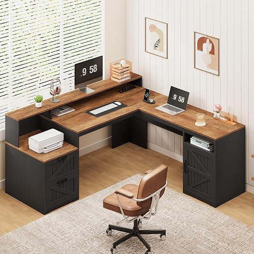 63" Farmhouse L Shaped Desk with Drawers & Printer Shelf for Home Office | Corner Computer Desk with Storage, Power Outlets, L Shaped Office Desk with Monitor Stand, Printer Shelf, Brown & Black