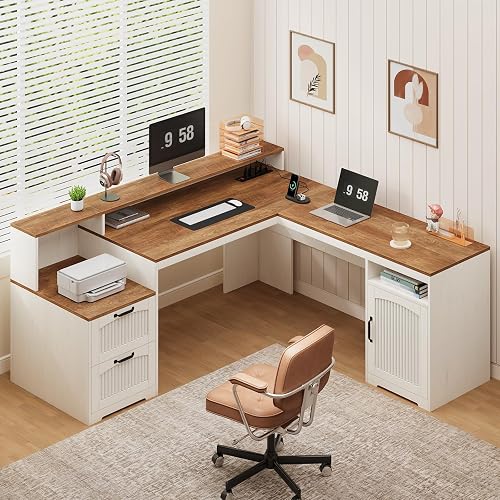 Farmhouse L Shaped Desk with Drawers & Printer Shelf for Home Office | Corner Computer Desk with Power Outlets, L Shaped Office Desk with Monitor Stand, Printer Shelf