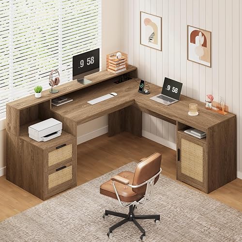 63" Rattan L Shaped Desk with Drawers & Printer Shelf for Home Office | Corner Computer Desk with Storage, Power Outlets, L Shaped Office Desk with Monitor Stand, Printer Shelf, Oak