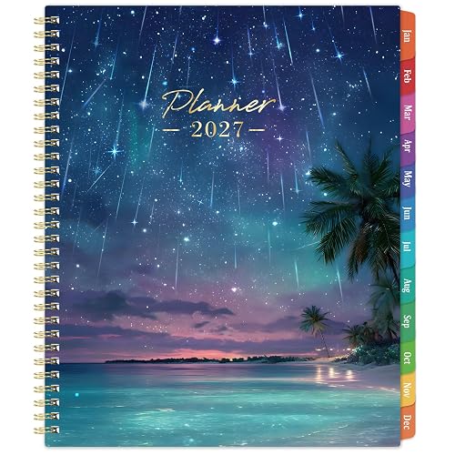 2027 Planner - 2027 Weekly and Monthly Planner, 9" x 11", Jan.2027-Dec.2027 | Color Tabs, Lay Flat Spiral Binding, Tropical Starry Night Cardboard Cover, Ideal for Students, Teachers and Office Use