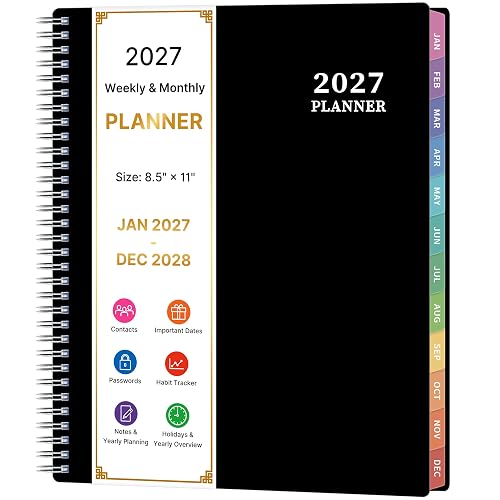 2027 Planner - Weekly & Monthly Planner 2027, Jan 2027 – Dec 2027, 8.5" x 11", Colorful Tabs, Flexible Cover, Twin-wire, Holidays, Pocket, To-do & Notes, 2027 Calendar Planner for office, Home, School