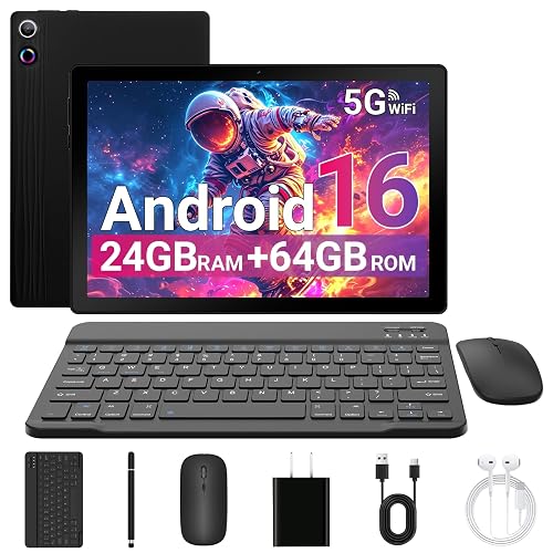 Laptok Android 16 Tablet 10 Inch, 24GB RAM 64GB ROM 1TB, 1280x800HD IPS, Fast WiFi 6, BT 5.4, 6000mAh Battery, Dual Cameras, GMS, Electronics Tablets with Keyboard for Work & Entertainment, Black