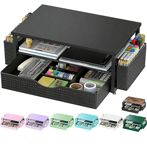 Spacrea Computer Monitor Stand with Drawer and 2 Pen Holders, Black | Double layer storage Computer Stand Monitor Riser Office Organization for Desk