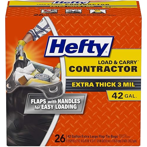 Hefty Load and Carry Contractor 42 Gallon Trash Bags, 3.0 Mil, 26ct | Extra Thick 42 Gallon Contractor Bags with Extra Long Flap Tie Handles, Easy to Carry, Handles Tough Debris, Black, Unscented