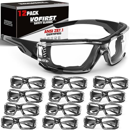 12 Pack Safety Glasses for Men, Bulk Pack Clear Protective Eyewear for Work | Removable Foam Gasket, UV380, ANSI Z87.1 Impact Resistant Safety Glasses for Industrial, Labs, Workshop, Yard Work
