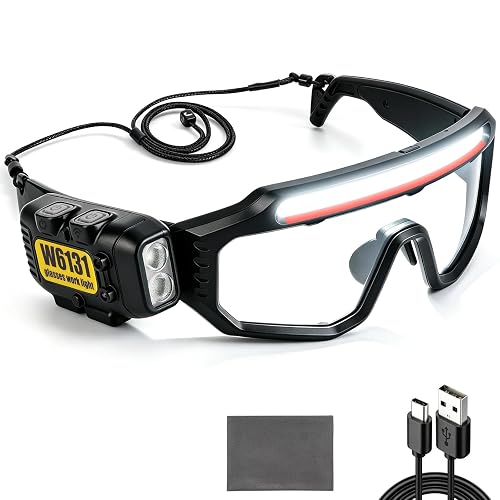 LED Safety Glasses with Lights, 8 Modes Rechargeable Lighted Safety Glasses | Safety Headlight Glasses with Motion Sensor and Touch Control,Rotatable for Night Work, Outdoor Activities