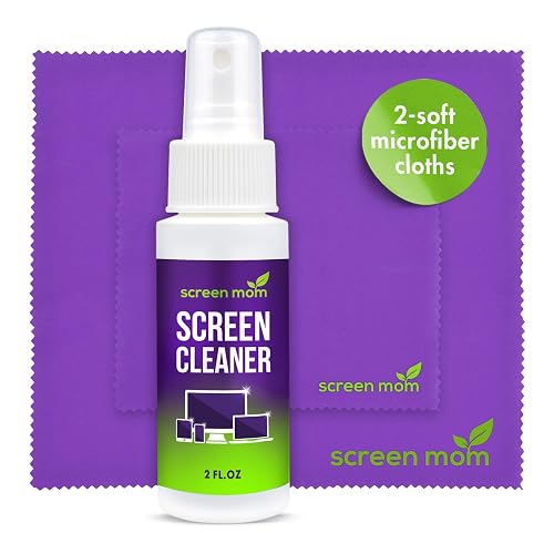 Screen Mom Screen Cleaner Spray 2oz Bottle for TV, Car, Laptop & Computer | Streak-Free Formula, Glass & OLED Safe, Alcohol and Ammonia Free Formula, Includes 2 Microfiber Cloths, Travel-Friendly Size