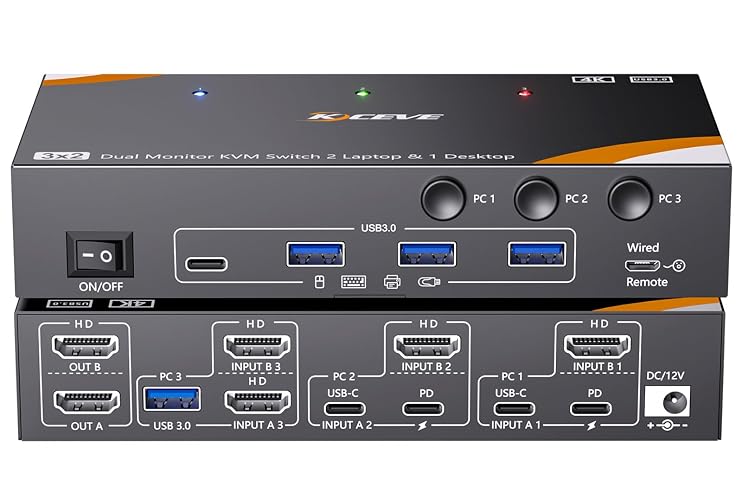 KCEVE KVM Switch 2 Monitors for 2 Laptops 1 Desktop HDMI 4K@60Hz | USB 3.0, 5Gbps, 100W PD, KVM Switch 2 Monitors 3 Computers USB C Share 4 USB3.0 Device, Wired Remote(4K USB C HD 3 in 2 Out)