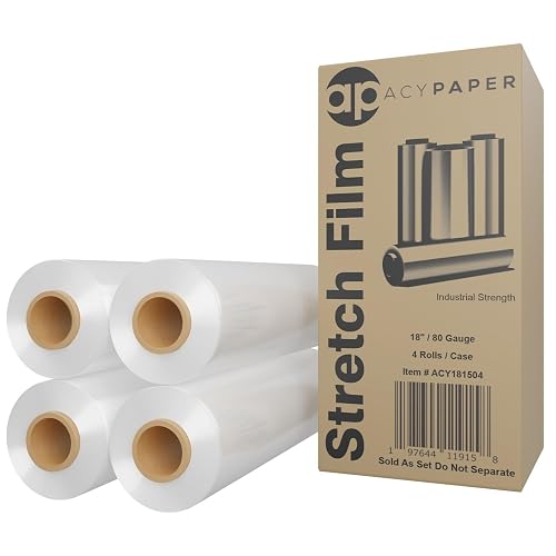 ACYPAPER, 18" Stretch Film/Wrap 1200 feet 80 Gauge Industrial Strength, up to 800% Stretch 20 Microns Clear Cling Durable Adhering Packing Moving Packaging Heavy Duty Shrink Film (4 Rolls/Box)