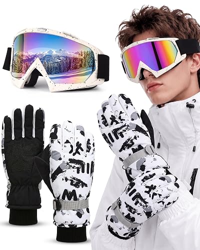 Geiserailie Ski Goggles Winter Snow Ski Gloves Set | Waterproof Insulated Thermal Snowboard Skiing Gloves Women Men Outdoor Cycling Motorcycling Crack Climbing Gift