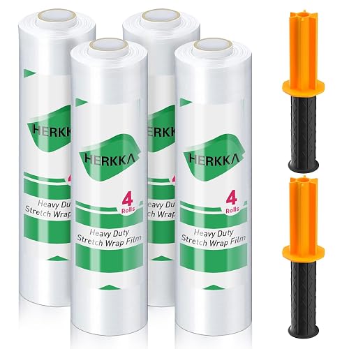 HERKKA Stretch Film With Handles Industrial Strength Moving Wrapping Plastic Roll Shrink Wrap For Pallet Wrap 15 Inches X 1000 Feet 4 Pack 60 Gauge