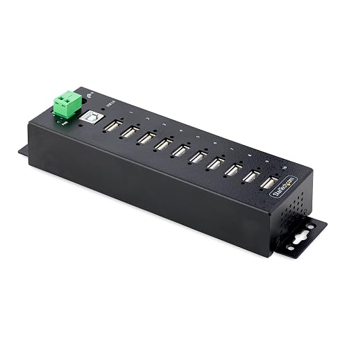 StarTech 10-Port Industrial USB 2.0 Hub, Rugged, TAA (USB210AIND-USB-A-HUB) | 10x USB-A ports, ESD Level 4 protection, DIN wall and desk mountable, Lockable ports, USB expansion hub