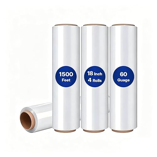 NorthSky Plastic Wrap Stretch Film - Industrial Strength up to 600% Stretch 20 Microns Clear Durable Adhering Packing Moving Heavy Duty Shrink Film Box of 4 (60 Gauge, 18'' x 1500')