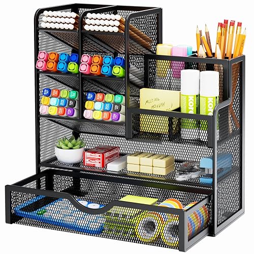 Marbrasse Mesh Pen Holder for Desk, Multi-Functional Pencil Organizer with Drawer, Desk Organizers and Accessories for Office Art Supplies (Black)