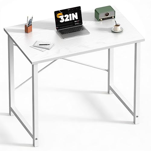 DUMOS 32 Inch Small Computer Desk, Gaming Desks for Home Office Bedroom | Modern Study Writing Work Table, Craft PC Desk Simple Workstation with Reinforcement Structure, Modern White
