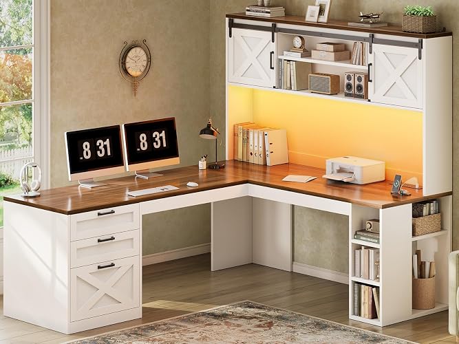 SEDETA 67" Farmhouse L Shaped Desk with Hutch, White+Brown | Home Office Desks with Drawers & Sliding Doors,Executive Corner Computer Desk with Storage Shelves,Power Outlets,LED Lights
