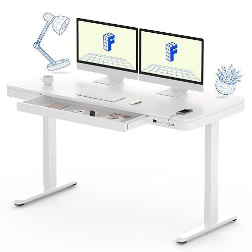 FLEXISPOT Comhar 55" Electric Standing Desk with Drawers, USB Charging Ports, Quick Assembly, Height Adjustable Sit Stand Computer Desk with Child Lock for Modern Minimalist Home Office, White