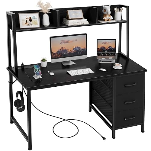 DLisiting Black Computer Desk with Hutch & Drawers - Office Desk with 3 Storage Drawers and Power Outlets, 47 Inch Modern Study Writing Desk for Bedroom Home Office