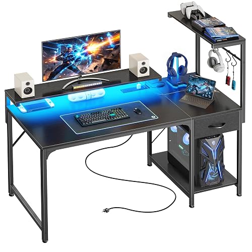 PRAISUN 47.2 Inch Gaming Desk with LED Lights & Power Outlets | Computer Desk with Drawer & Storage Shelves, Office Writing Desk with Monitor Stand for Work from Home, Black