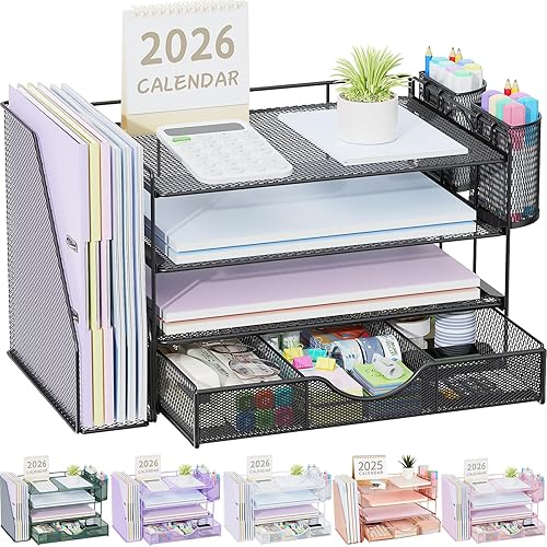gianotter Metal Mesh Desk Organizers and Accessories with File Holder | 4-Tier with Drawer and 2 Pen Holder, Desk Accessories & Workspace Organizers, Paper Organizer for Office Supplies (Black)