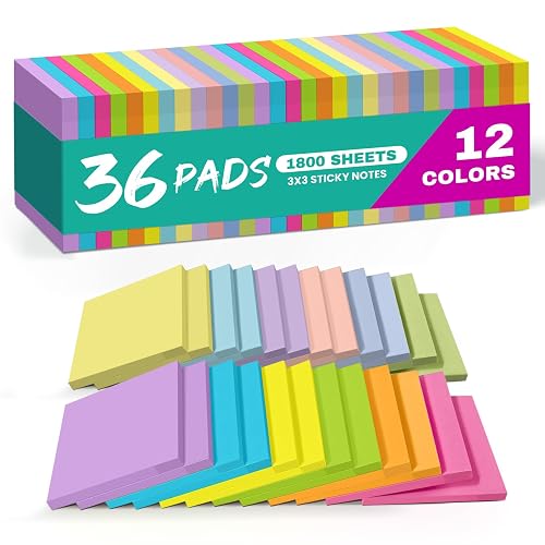 Taja 36 Pads Sticky Notes, 3x3 Inches, 12 Bright Colors, 50 Sheets/Pad | Bulk Self-Stick Note Pads for Office, Study, and Daily Organization, Sticky Notes for Reminders, Lists