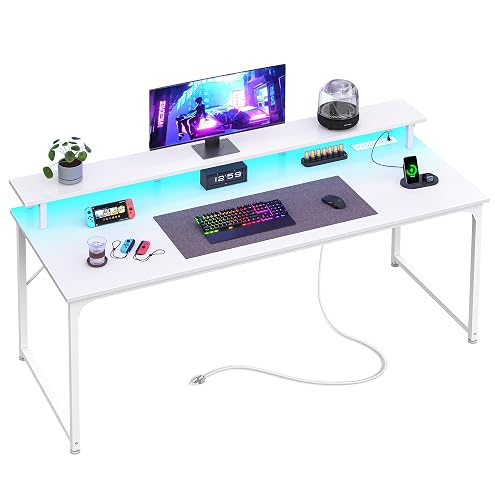 PRAISUN 55 inch Gaming Desk, LED & Power Outlets, Monitor Stand, White | Sturdy PC Desk for Home Office, Study & Work, LED Lights, 4 AC Outlets & USB-C Charging Station