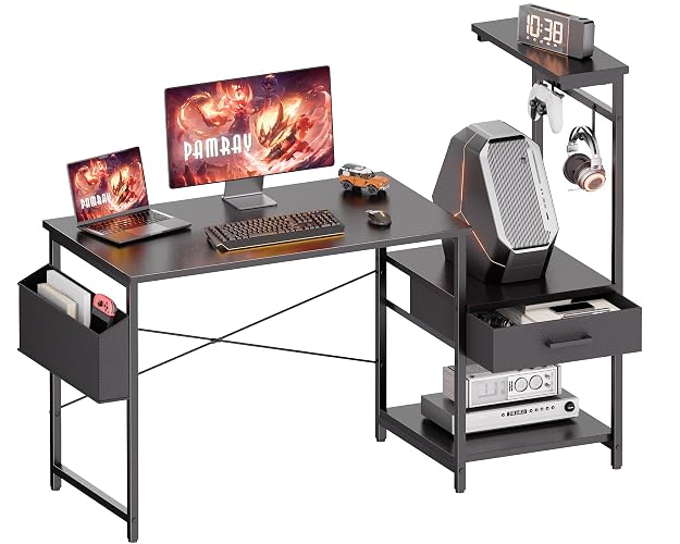 Pamray 50 Inch Small Gaming Computer Desk with Drawers and Shelves | Compact Gaming PC Table with Side Storage Bag & Hooks & Printer Shelf for Home Office Work Study Writing Bedroom