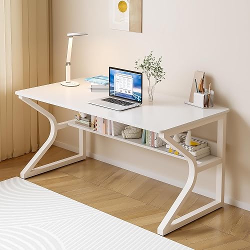 OSCHF 47.3-Inch Writing Desk with Storage Shelf, Warm White | Space-saving, Single-Person Workstation, Modern Study Gaming Computer Desk, Suitable for Home Office, Bedroom and Dorms