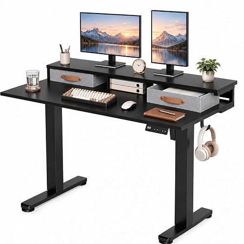Seang 48''*24'' Electric Standing Desk with Storage, Black | 28.35-46.46in adjustable height, 3 memory presets, monitor shelf, cable management and hooks for home office.