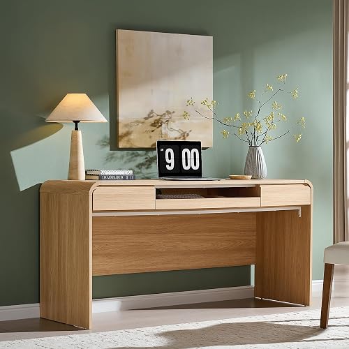 Aitjunz 63" Curved Edge Home Office Desk, Modern Computer Desk, Natural | Writing Work Study Table w/Drawers & Power Outlets, Charging Station, Wood Writing Study Table w/Keyboard Tray for Bedroom