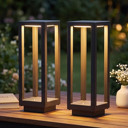 WIHTU 10" Rechargeable Outdoor Table Lamp Set of 2, Cordless Portable Light | Metal Material,5400mAh Battery Operated,IP55 Waterproof,3 CCT Dimmable,Memory Function,for Patio Camping Bedside and Indoor