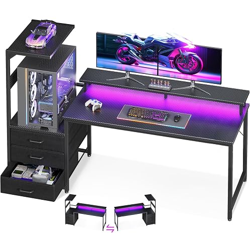 Gaming Desk with PC Display Stand, Reversible for Gaming Setup, 63 inch | Elevated stand fits Lian Li O11, Hyte Y60. Triple drawers hide cables, controllers, clutter