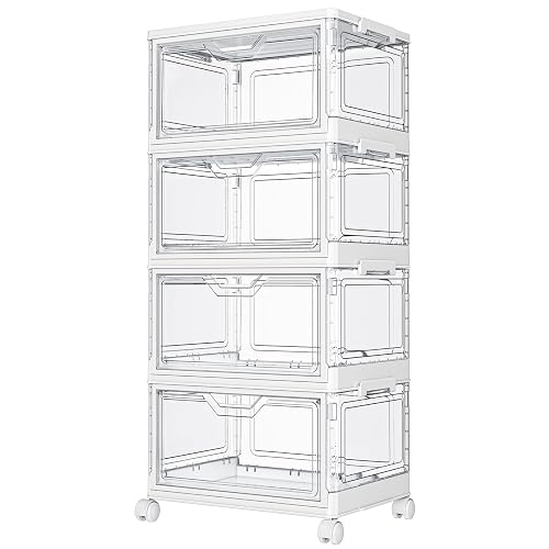 Kmiectse Clear Storage Bins with Lids - 4 Tier 23qt Plastic Stackable Bins | Closet Organizers Box for Bedroom, Living Room, 23 QT Folding Box with Magnetic door