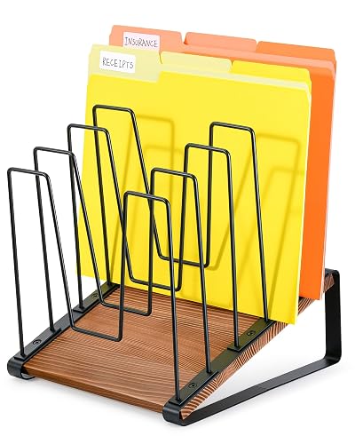 HULISEN Inclined Desk File Organizer, 5-Section Desktop File Folder Holder | Visible Tiered Design, Metal Rack with Wood Base, Vertical Storage for Binders Documents & Magazines, Classroom Office Use